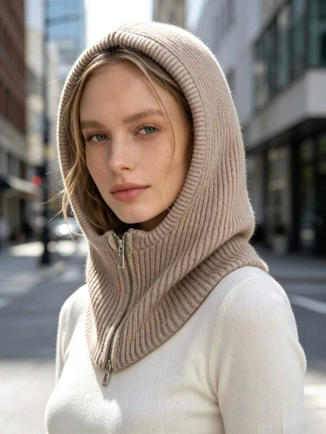 Women's Knit Hooded Scarf with Zipper