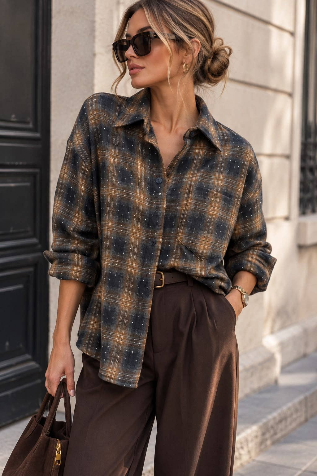 Oversized Plaid Shirt with Rhinestones