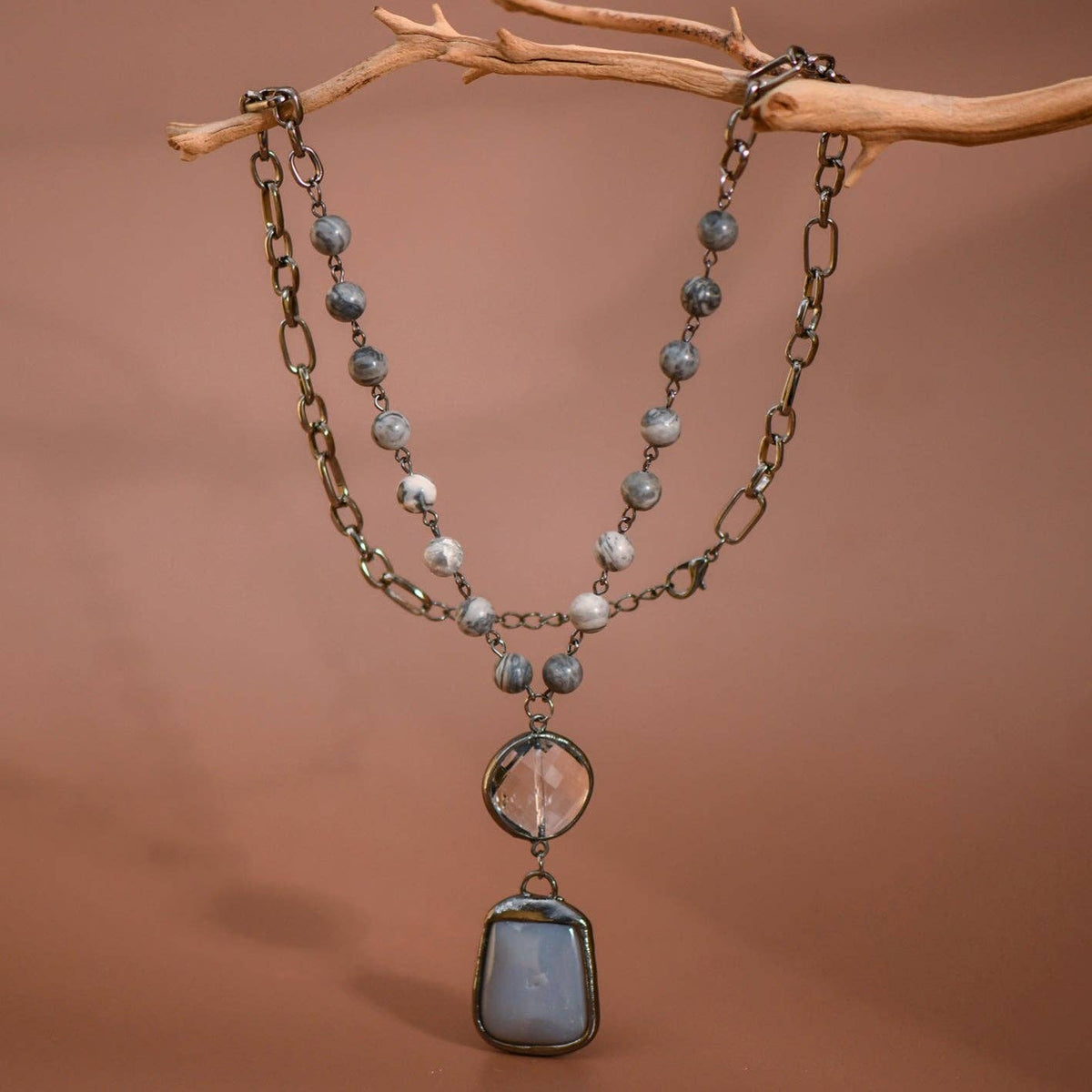 Natural Stone Pendant Beaded Chain Link Necklace