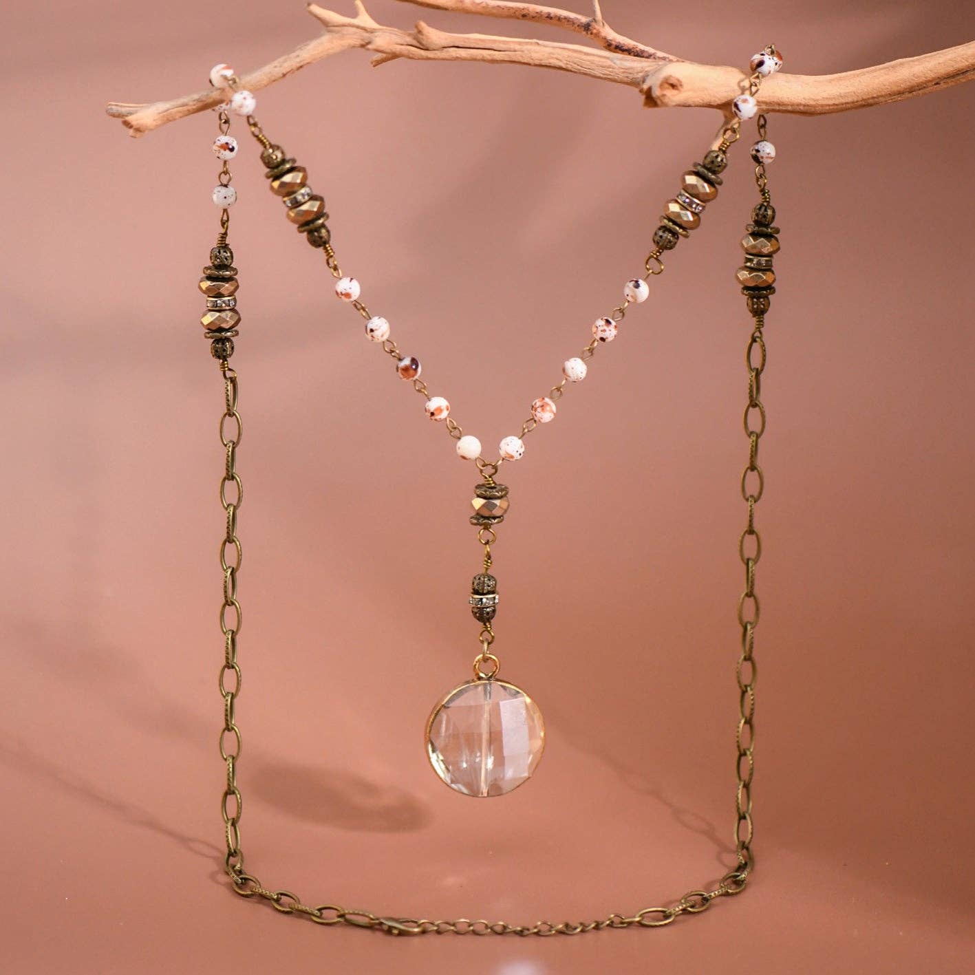 Natural Stone Bead Chain Link Necklace, Glass Crystal Pendant S0OX3T6517