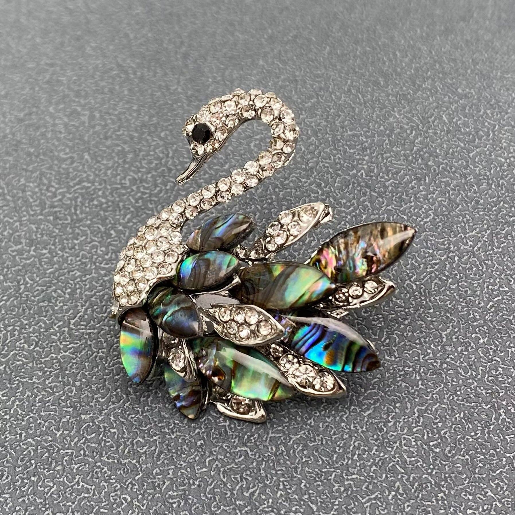 Handpicked Abalone Shell & Rhinestone Swan Silver Tone Brooch