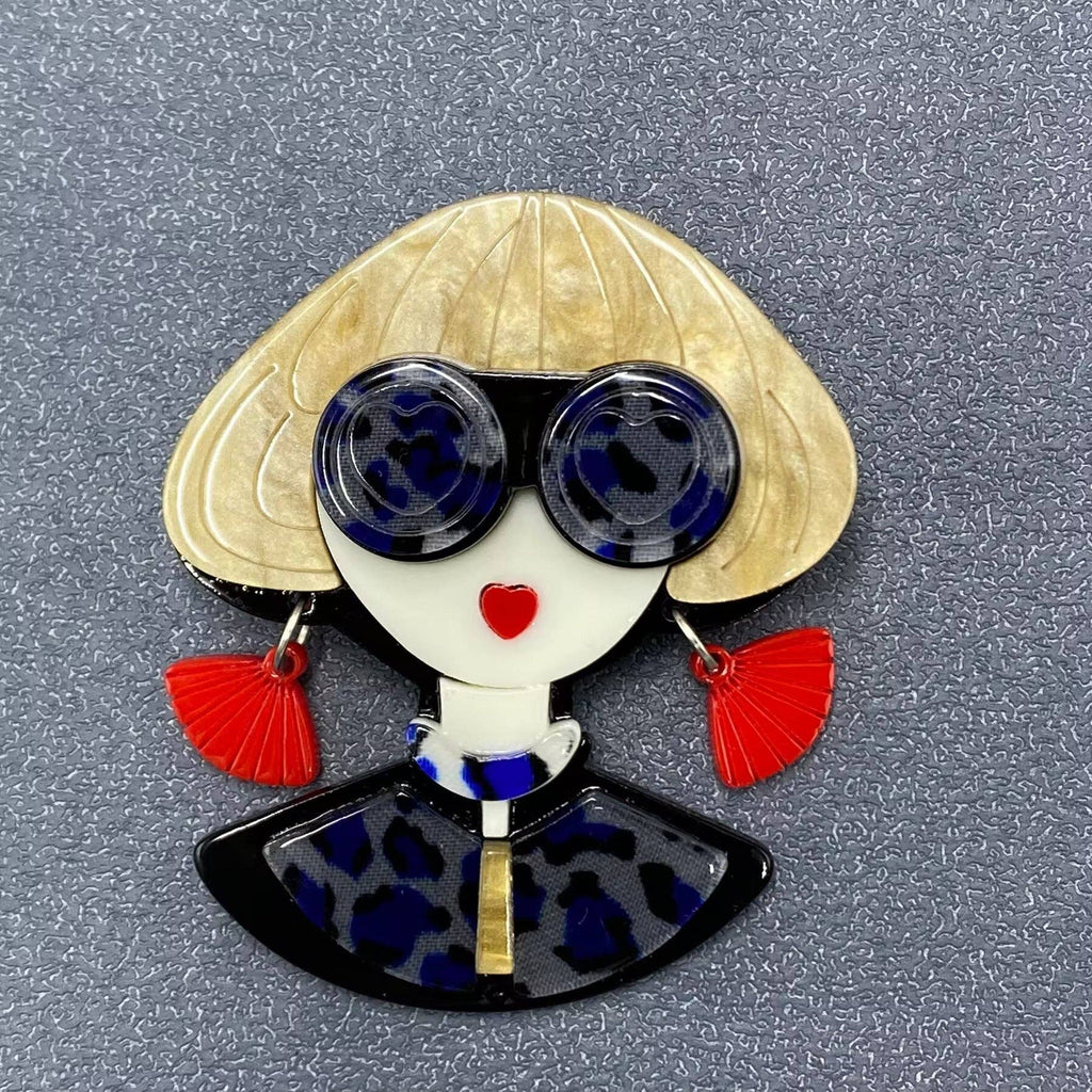 Handpicked Girl with Leopard Print Glasses Acrylic Brooch