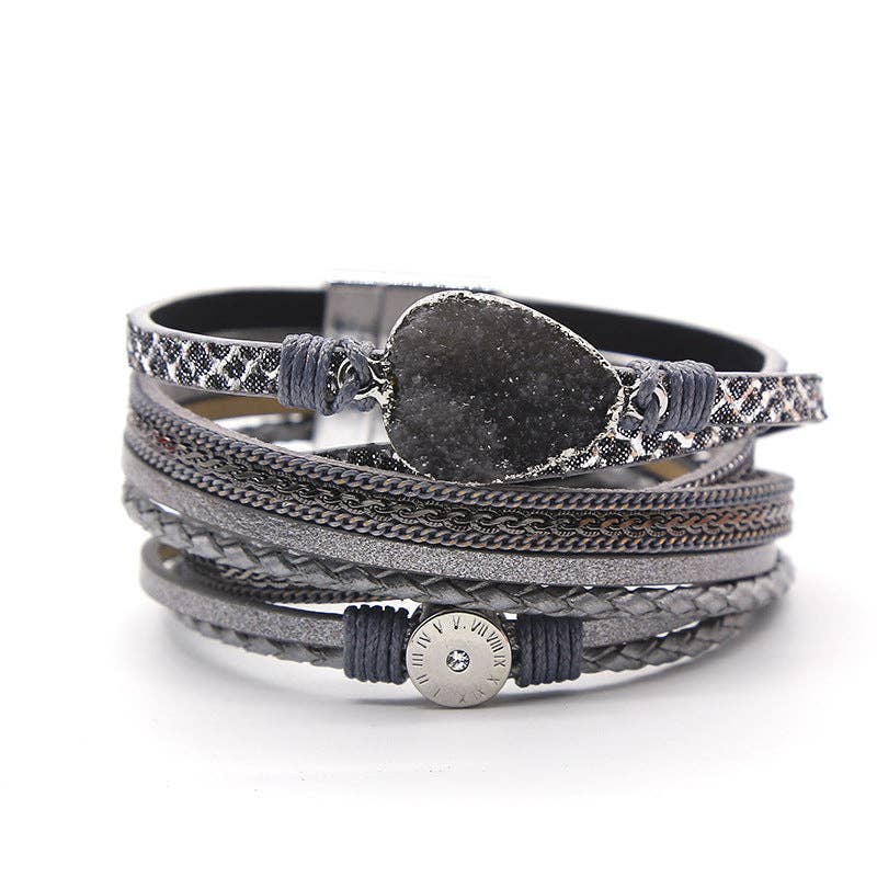 Handpicked Crystal Multi-Layer Leather Magnetic Snap Bracelet