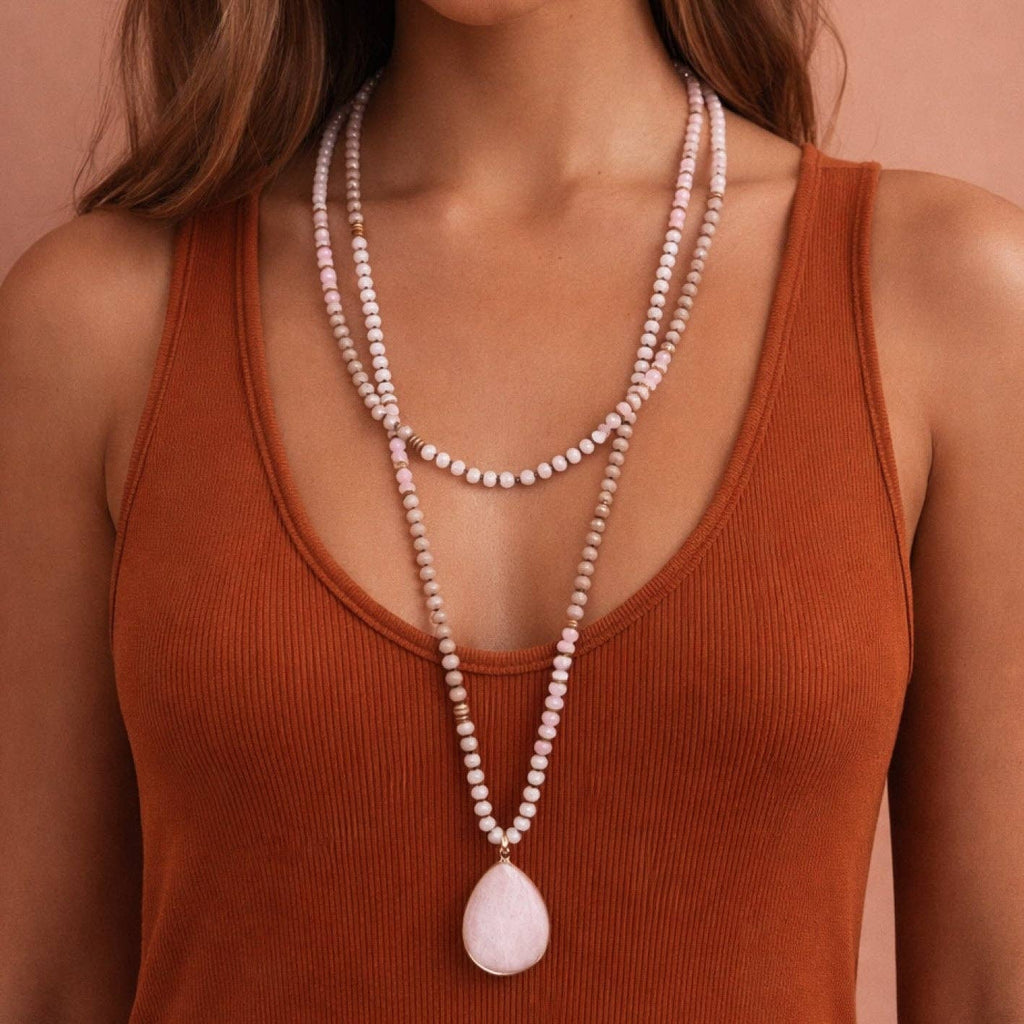 Boho Mixed Glass Bead Wrap Necklace, Natural Stone Drop Pendant