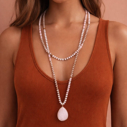 Boho Mixed Glass Bead Wrap Necklace, Natural Stone Drop Pendant