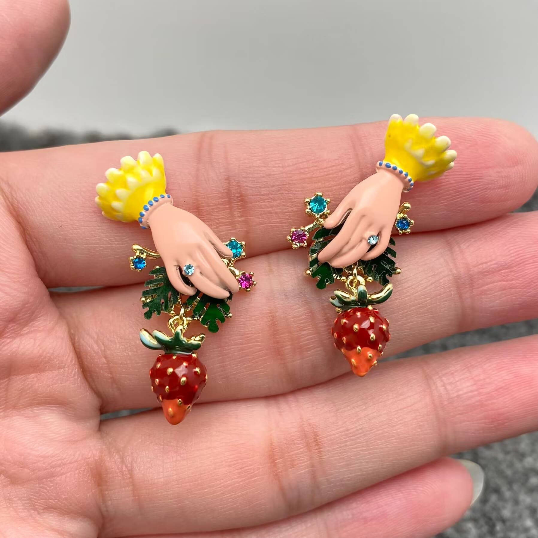 Handpicked Inlaid Rhinestone Enamel Hand Picking Strawberry Earrings